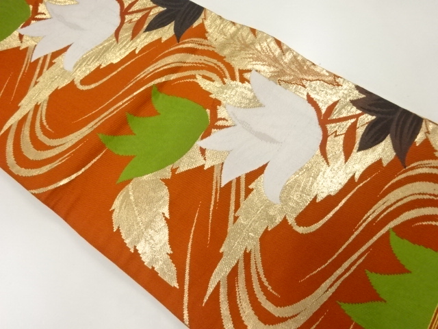 JAPANESE KIMONO / ANTIQUE HIRAKI NAGOYA OBI / WOVEN FLORAL PLANTS